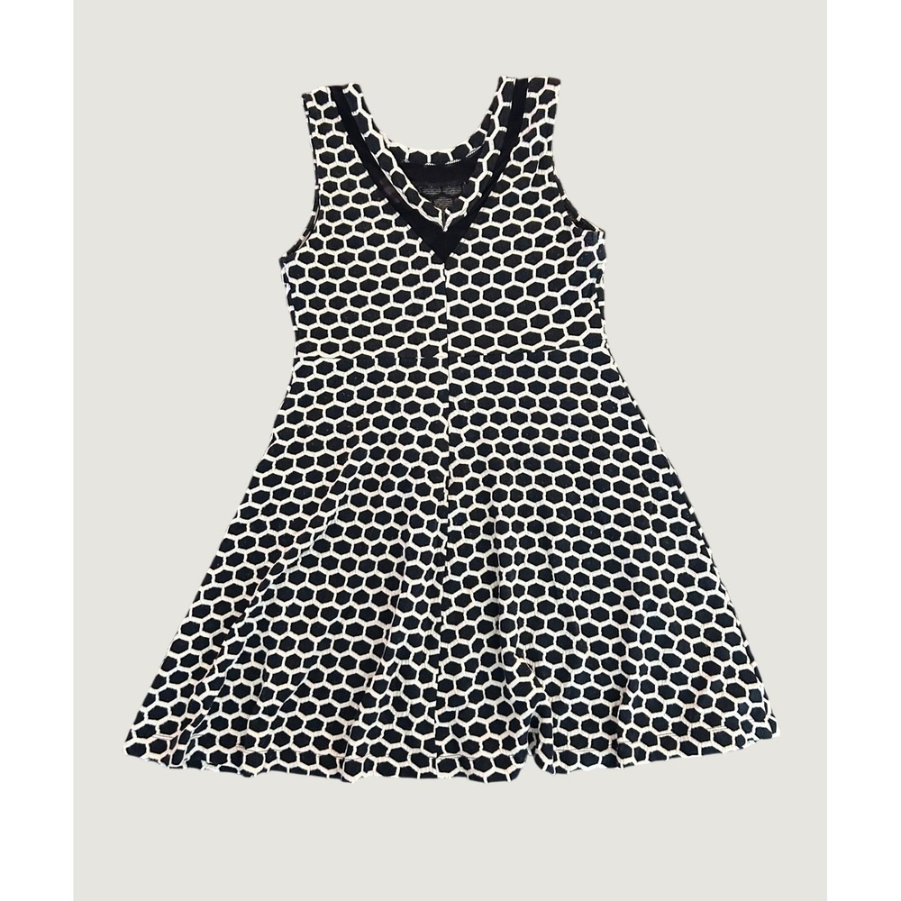 Pixley Navy Blue White Honeycomb Geometric V-Neck Fit Flare Dress Large 1407